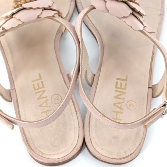 Chanel 'Camellia' Pink Leather T Strap Sandals - Picture 5 of 7